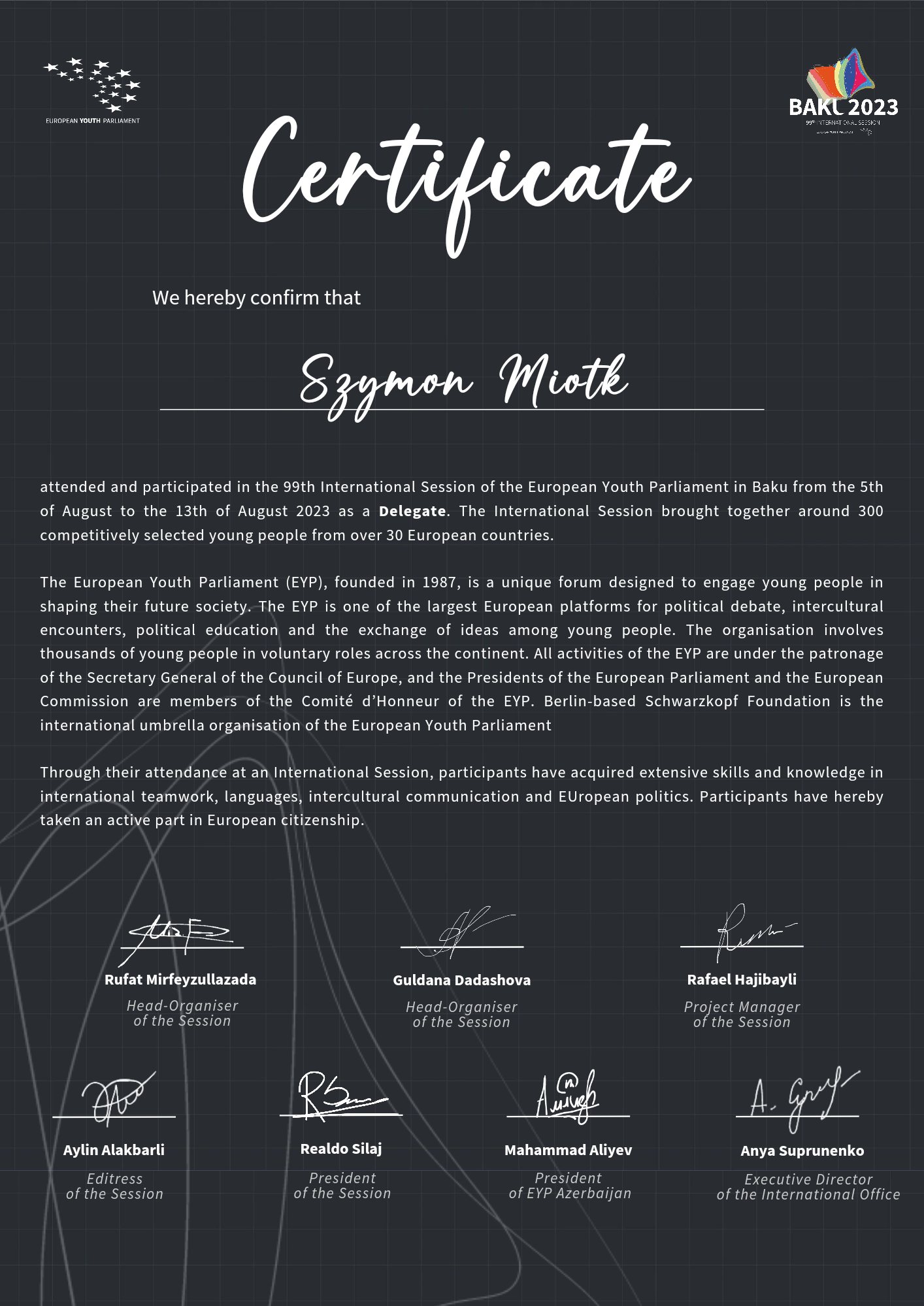 Delegate certificate · 99th International Session, Baku 2023