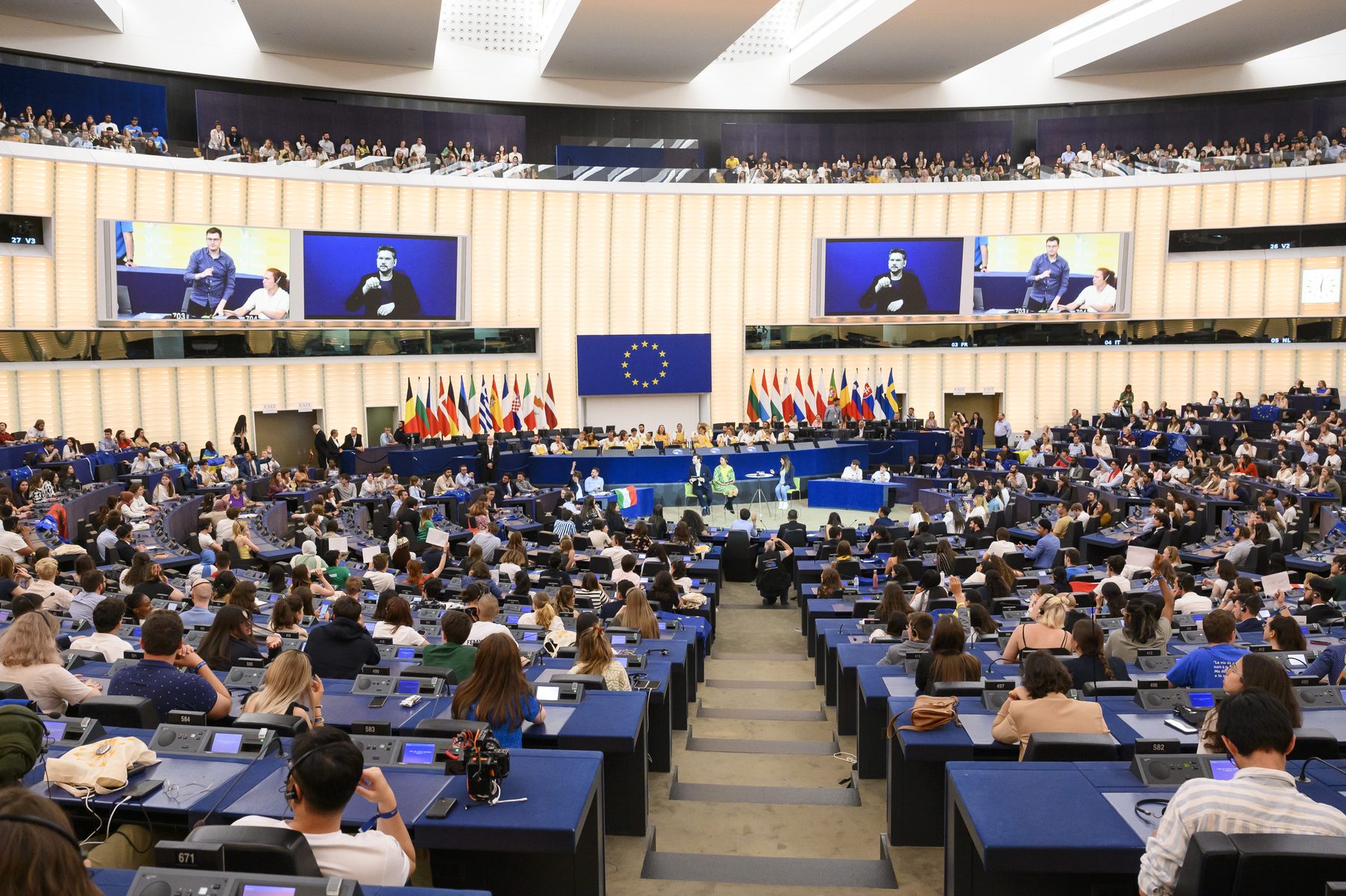 The hemicycle of the European Parliament in Strasbourg during the European Youth Event 2023