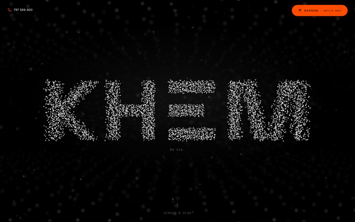 KHEM-Website, Partikel-Wortmarke auf schwarzem Hintergrund